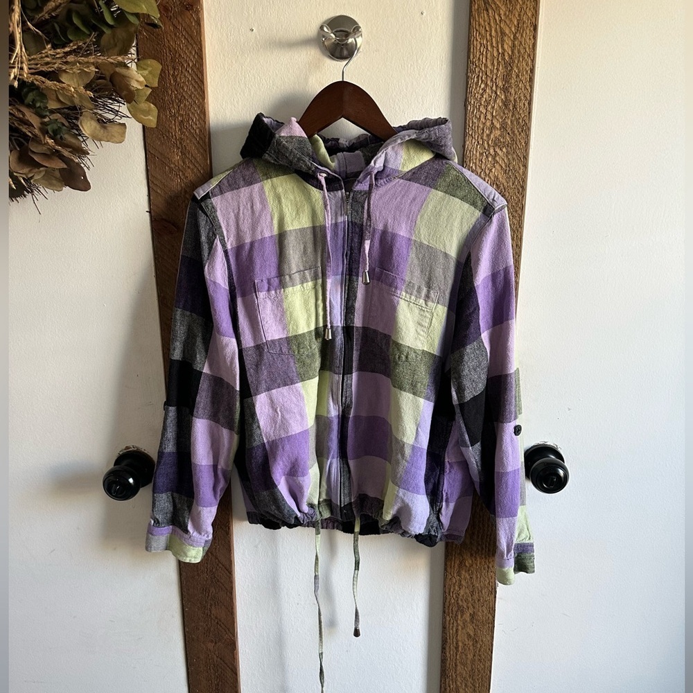 VTG 90s Christopher & Banks Plaid Zip Hoodie Jacket Women Large Linen Rayon